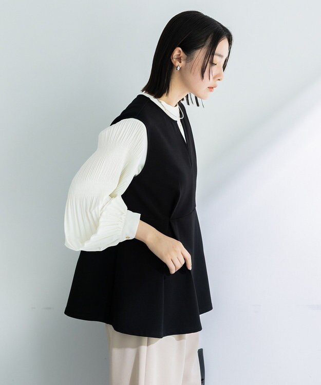 Green Parks 楽ちんリップルペプラムベスト Black