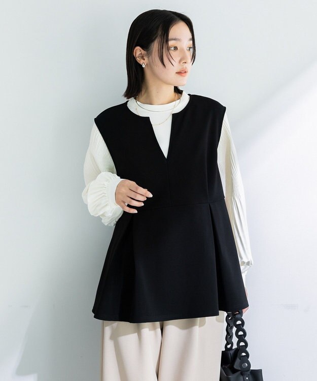 Green Parks 楽ちんリップルペプラムベスト Black