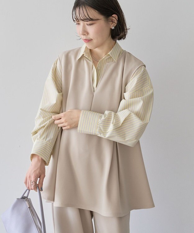 Green Parks 楽ちんリップルペプラムベスト Light Beige