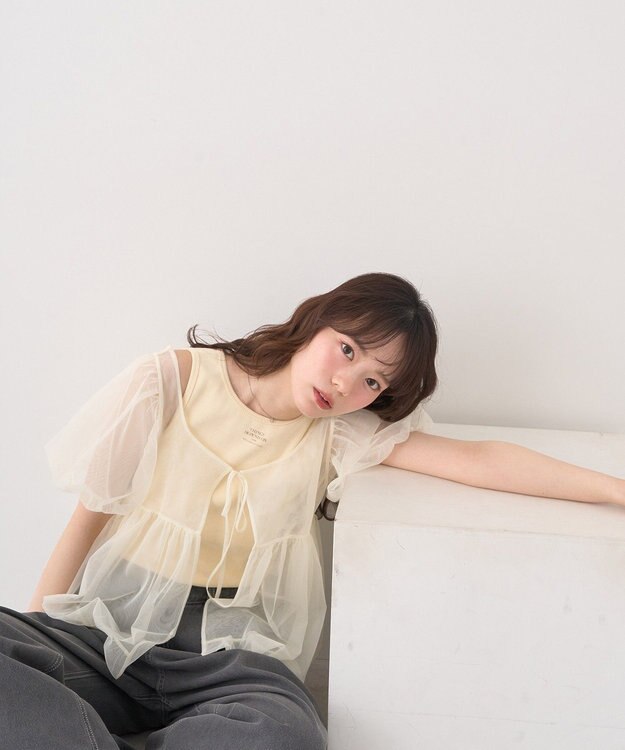 earth music&ecology ＳＥＴ２点チュールバルーンブラウス＋ロゴタンク Ivory