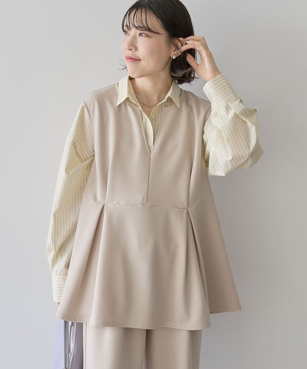 Green Parks 楽ちんリップルペプラムベスト Light Beige