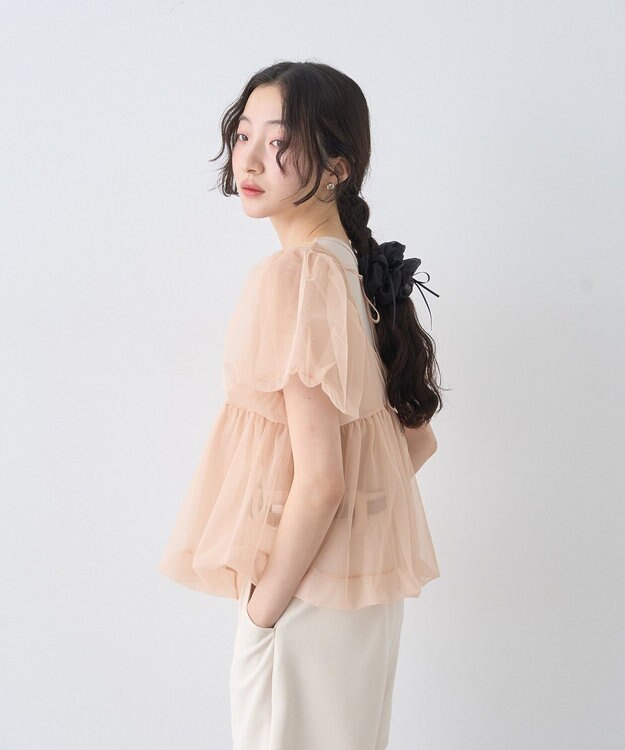 earth music&ecology ＳＥＴ２点チュールバルーンブラウス＋ロゴタンク Pink Beige