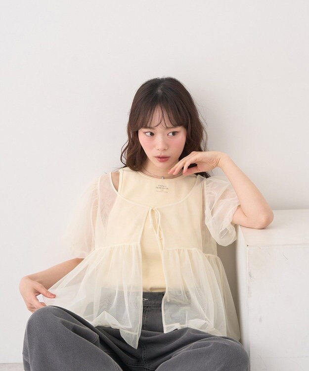 earth music&ecology ＳＥＴ２点チュールバルーンブラウス＋ロゴタンク Ivory