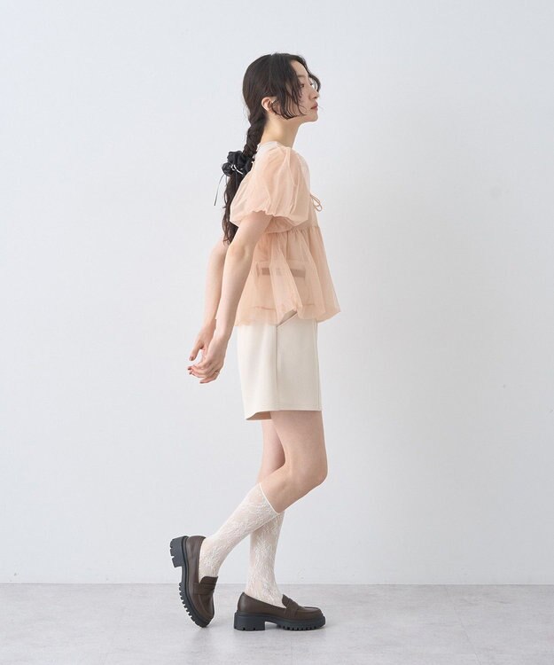 earth music&ecology ＳＥＴ２点チュールバルーンブラウス＋ロゴタンク Pink Beige