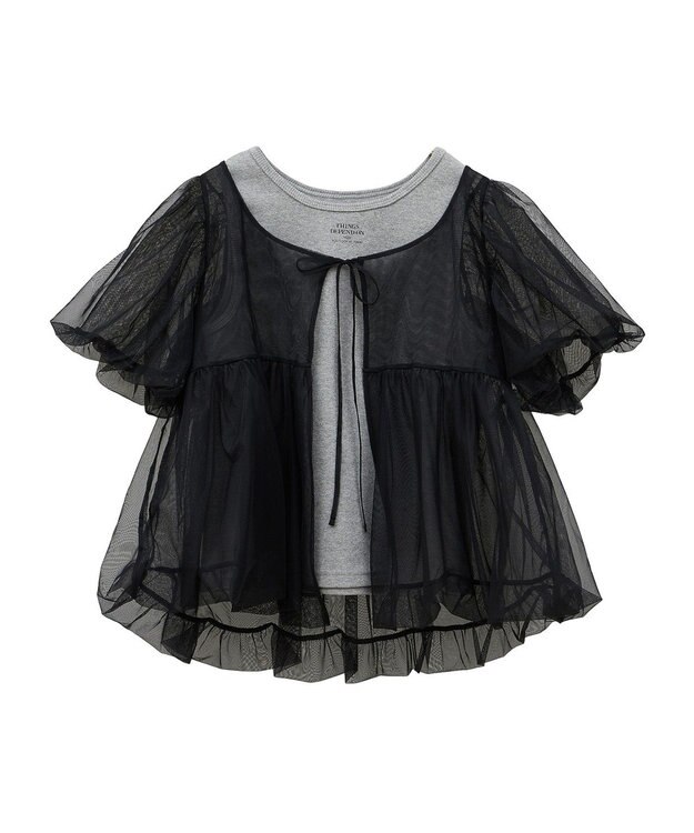 earth music&ecology ＳＥＴ２点チュールバルーンブラウス＋ロゴタンク Black