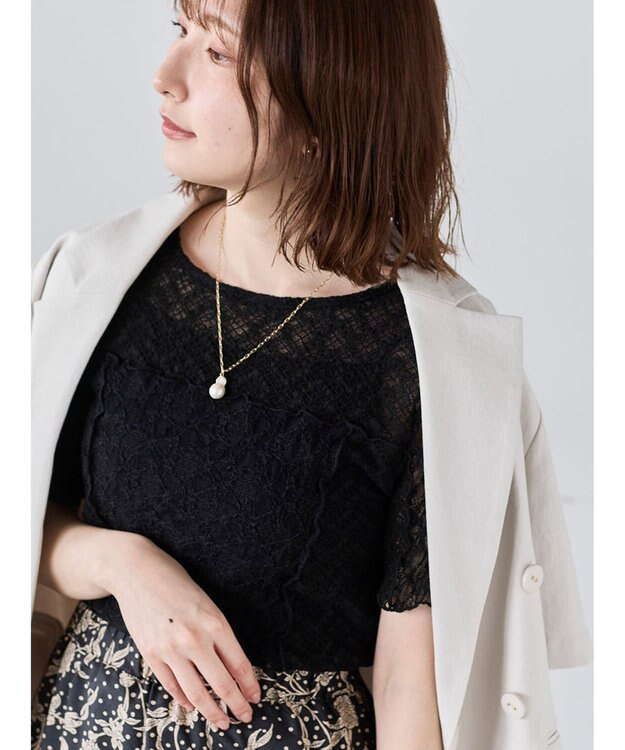 Te chichi パッチワークレース5分袖トップス ブラック