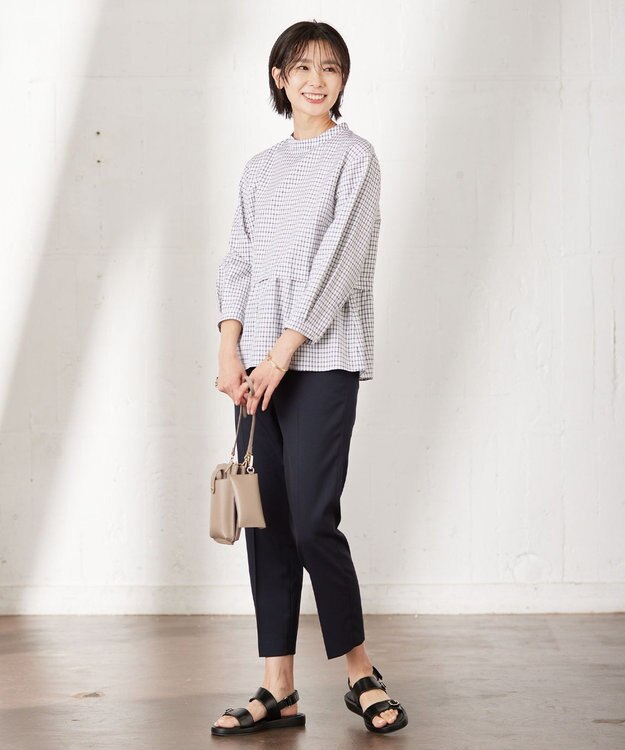 J.PRESS LADIES 【洗える】 セルロースチェック スタンドカラー ブラウス ブラック系3