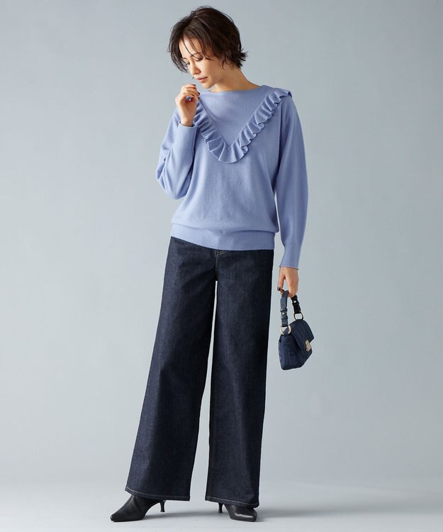 自由区 L 【洗える】365DENIMワイドストレート パンツ ネイビー系