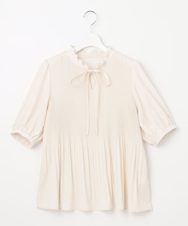 Feroux 【洗える】プリーツコンビ半袖 ブラウス アイボリー系