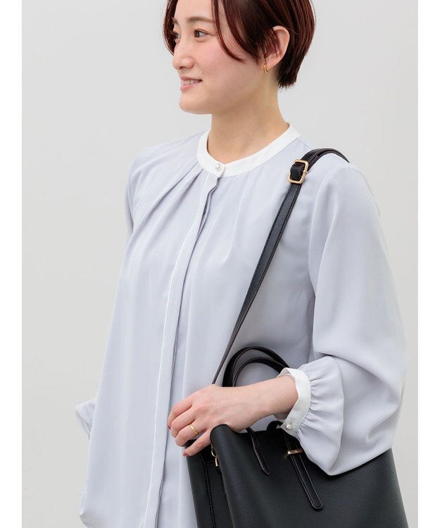 Te chichi パール釦配色タックブラウス グレー