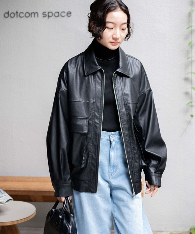 WEGO ヴィンテージライクFレザーBIGブルゾン ブラック
