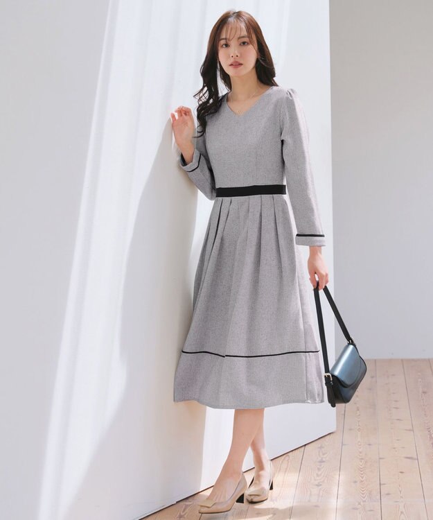 Tiaclasse 【洗える】配色パイピングフレアワンピース オフホワイトブラック