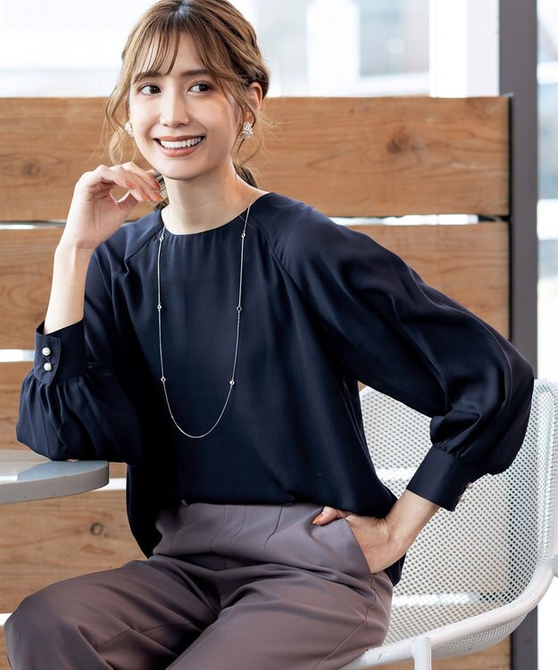 Tiaclasse 【洗える】ラグランパフスリーブブラウス ネイビー