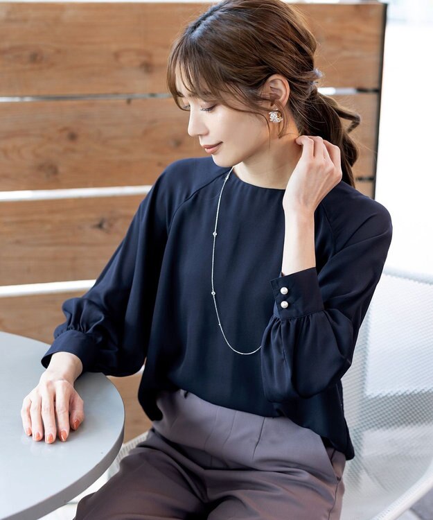 Tiaclasse 【洗える】ラグランパフスリーブブラウス ネイビー