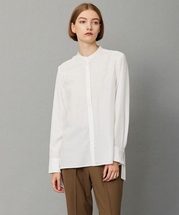 ICB 【洗える】 スパンローンプリーツ バンドカラーシャツ オフホワイト系