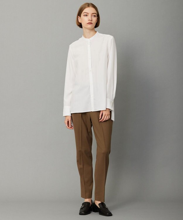 ICB 【洗える】 スパンローンプリーツ バンドカラーシャツ オフホワイト系