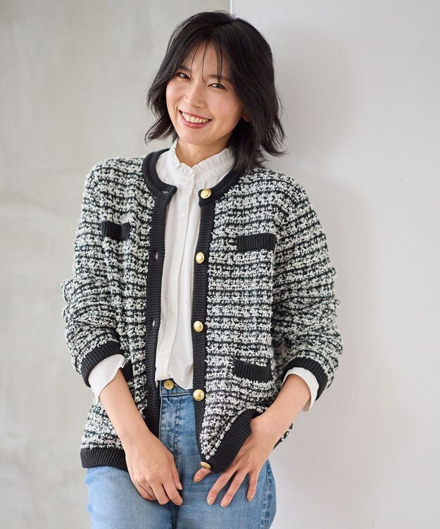 ANY 【洗濯機可】ツイードニットジャケット ブラック×ホワイト