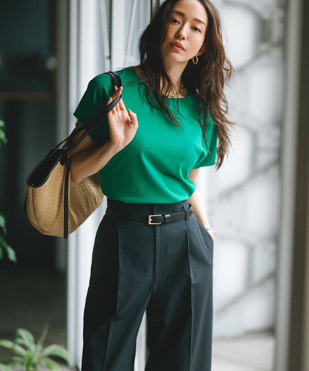 23区 【セットアップ対応/洗える】コットンリネン オックスストレッチ ワイド パンツ ブラック系