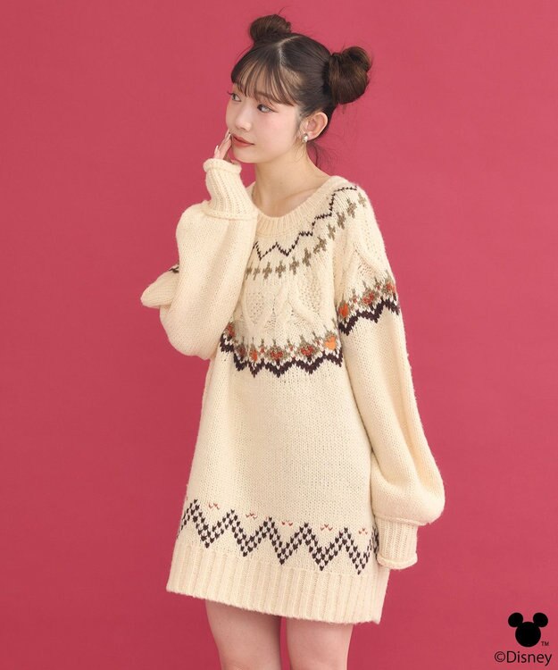 earth music&ecology Disney/ミッキー刺繍ノルディックニットチュニック アイボリー