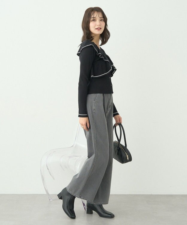 earth music&ecology Ｖネックフリルニットカーディガン Black