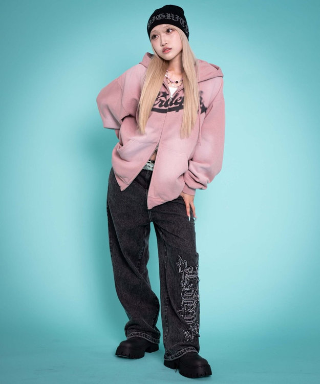 WEGO 【ユニセックス着用YD/ウエスト調整可/MLサイズ展開】グラフィックデニムパンツ デニムブラックソノタ