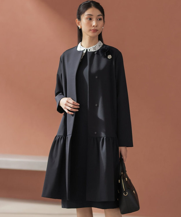 組曲 S 【KUMIKYOKU NAVY】ダブルクロスストレッチ ノーカラーコート ネイビー系