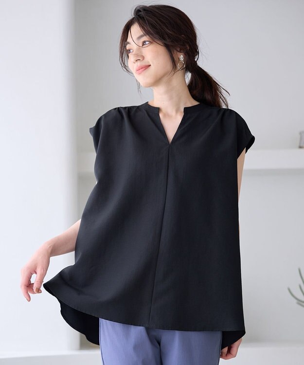 ANY ギャザーショートスリーブブラウス ブラック