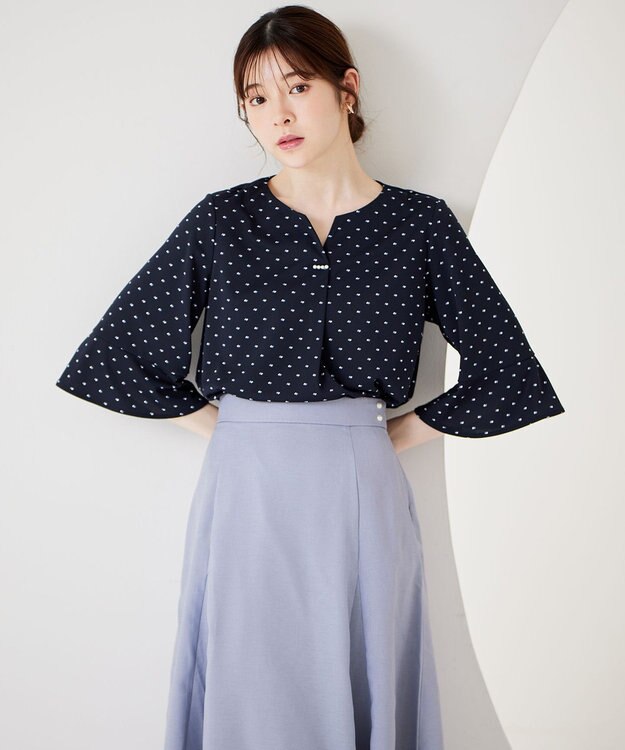 ANY SIS 【接触冷感・吸水速乾・UVケア】エアリードレープスムース 七分袖 ブラウス ネイビー系