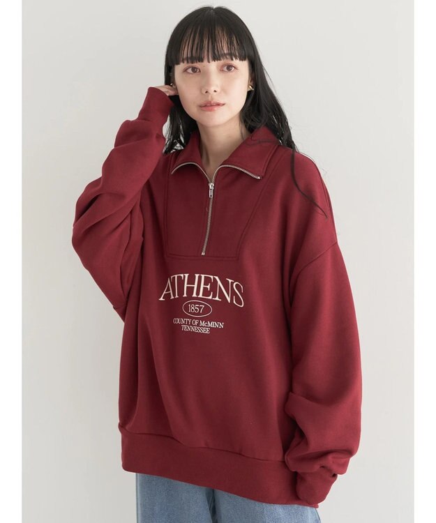 earth music&ecology ハーフジップロゴチュニック Burgundy