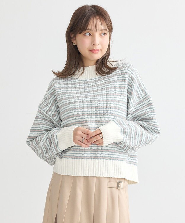 earth music&ecology マルチボーダーベロアモールプルオーバー Ivory