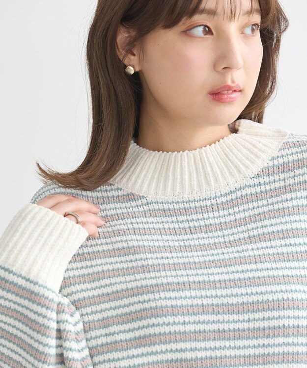 earth music&ecology マルチボーダーベロアモールプルオーバー Ivory