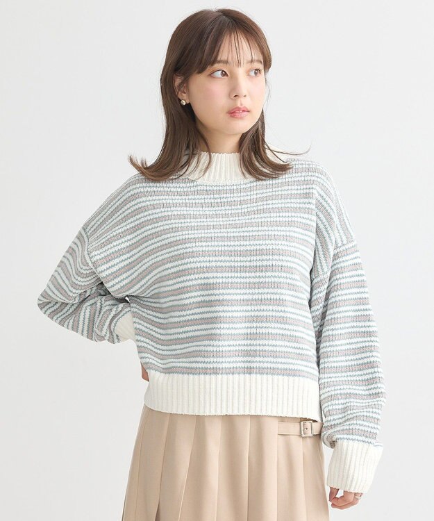 earth music&ecology マルチボーダーベロアモールプルオーバー Ivory