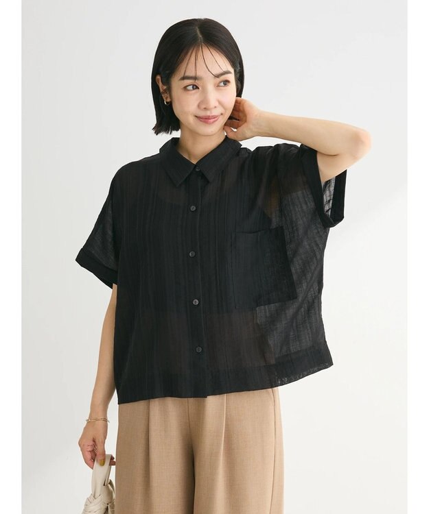 Green Parks シアーストライプショート丈シャツ Black