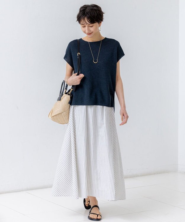 23区 【洗える】リネンコットンストライプ ギャザー スカート ホワイトストライプ