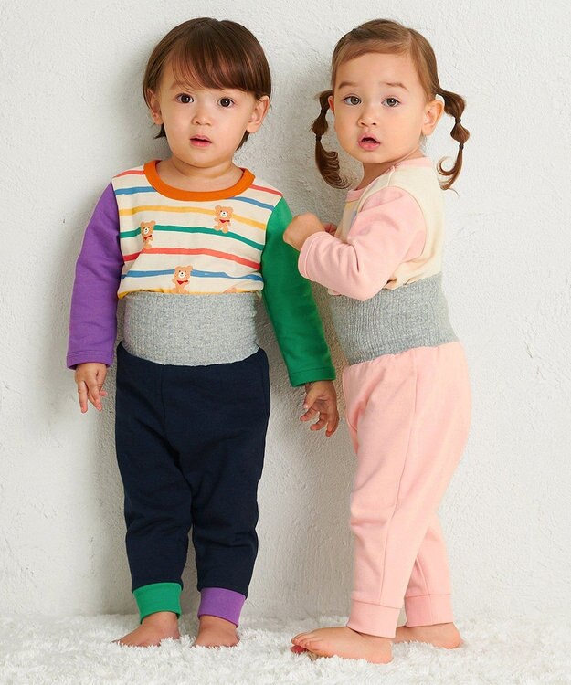 MIKI HOUSE HOT BISCUITS 【80-120cm】 ボーダー柄 ミニ裏毛パイル素材 腹巻き付き長袖パジャマ マルチカラー