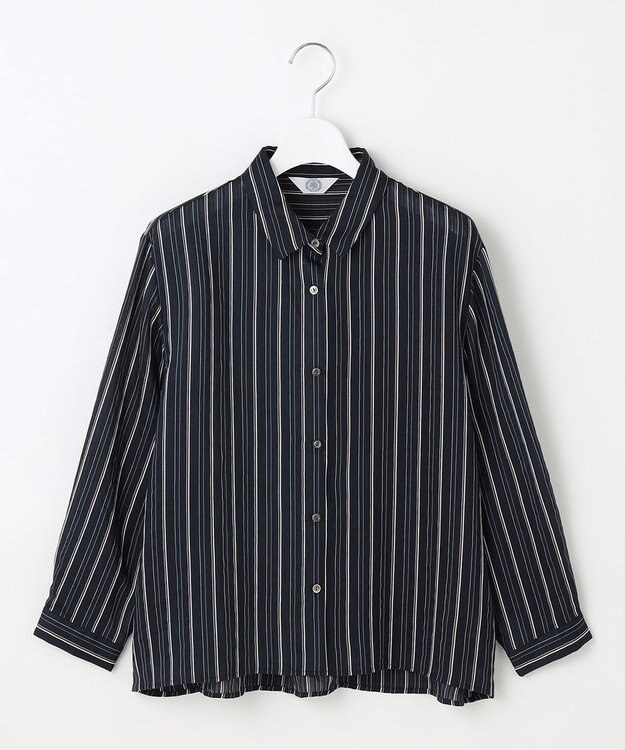 J.PRESS LADIES S 【洗える】ランダムストライプ シアー シャツカラー カットソー ネイビーストライプ系