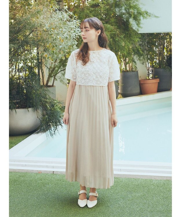 earth music&ecology ＳＥＴ２点　オーガンジー刺繍＋プリーツワンピース Beige