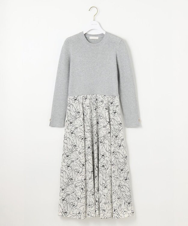 ANY SIS L 【洗える】フラワープリントドッキング ワンピース ライトグレー×アイボリー