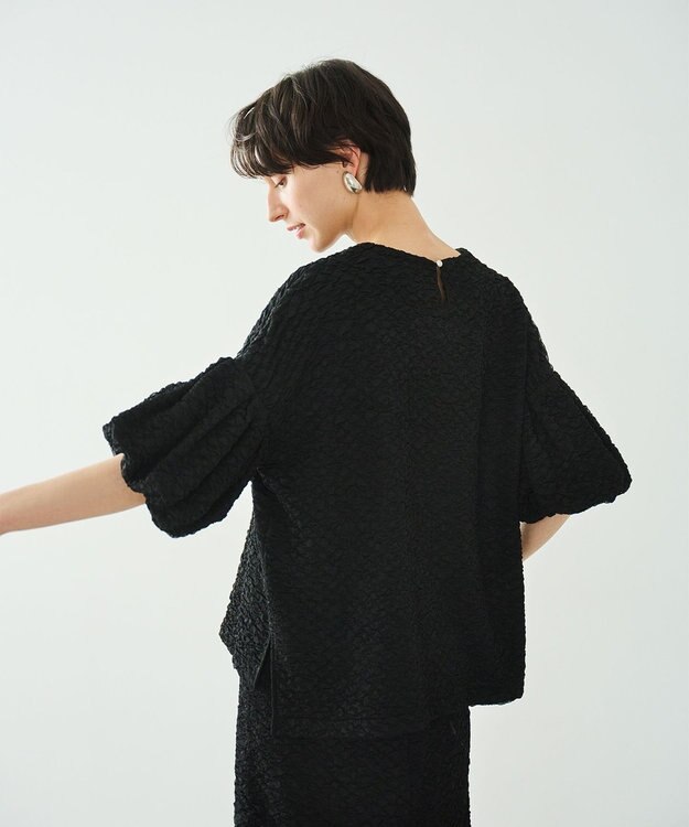 #Newans 【金子綾さんインスタライブご紹介アイテム】【洗える/セットアップ可能】ふくれジャガード パフスリーブブラウス ブラック