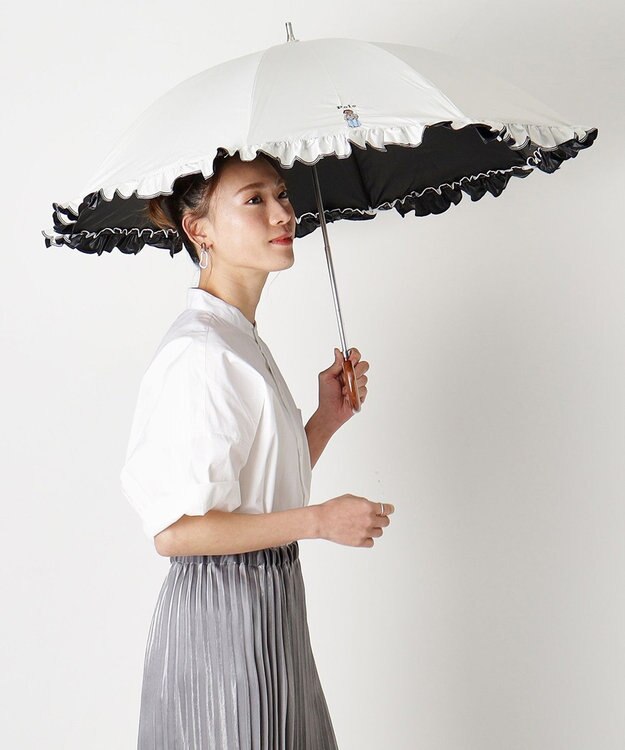 MOONBAT 【WEB限定】POLO RALPH LAUREN（ポロ ラルフローレン）晴雨兼用日傘 長傘 ワンポイントベア刺繍 フリル 一級遮光 遮熱 UV オフホワイト