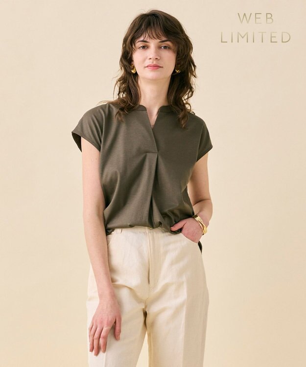 BEIGE， 【WEB限定・洗える】MELISSA / バックシフォンスキッパー半袖トップス Khaki