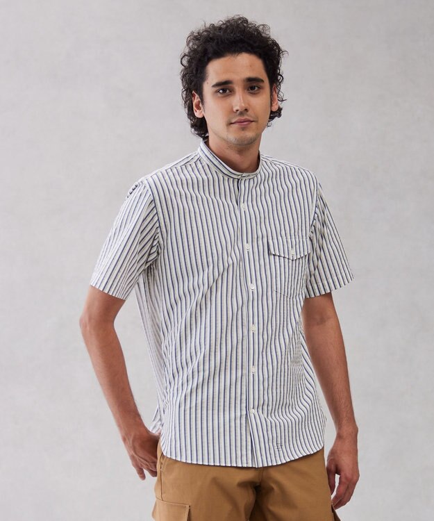 J.PRESS MEN 【クールマックス】サッカーマルチストライプ バンドカラーシャツ ブルー系1