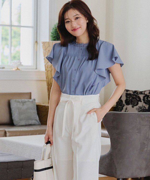 Tiaclasse L 【洗える】フレアスリーブレースブラウス ブルー