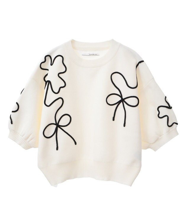 Green Parks ・ＥＬＥＮＣＡＲＥ　ＤＵＥ　ライン刺繍５分袖ニット Beige