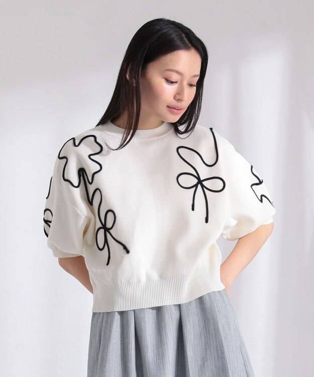 Green Parks ・ＥＬＥＮＣＡＲＥ　ＤＵＥ　ライン刺繍５分袖ニット Beige