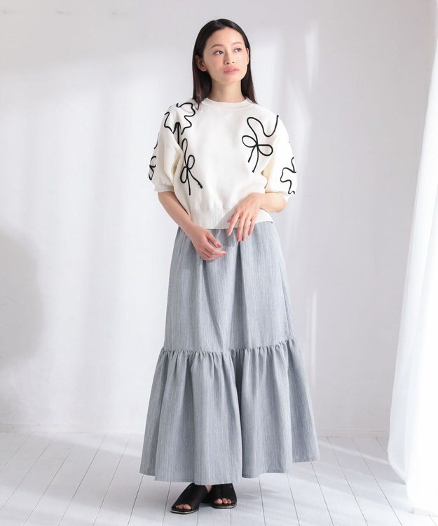 Green Parks ・ＥＬＥＮＣＡＲＥ　ＤＵＥ　ライン刺繍５分袖ニット Beige