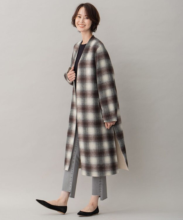 自由区 【リバーシブル】ウールリバー ノーカラーロングコート キャメル系