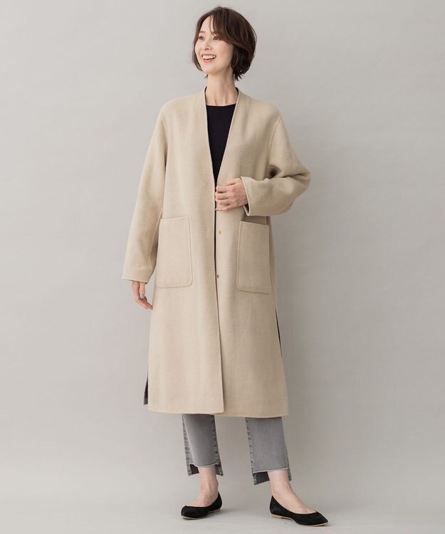 自由区 【リバーシブル】ウールリバー ノーカラーロングコート キャメル系
