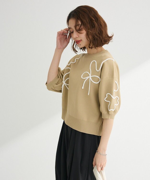 Green Parks ・ＥＬＥＮＣＡＲＥ　ＤＵＥ　ライン刺繍５分袖ニット Beige