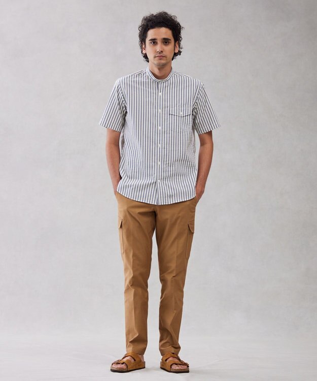 J.PRESS MEN 【クールマックス】サッカーマルチストライプ バンドカラーシャツ ブルー系1